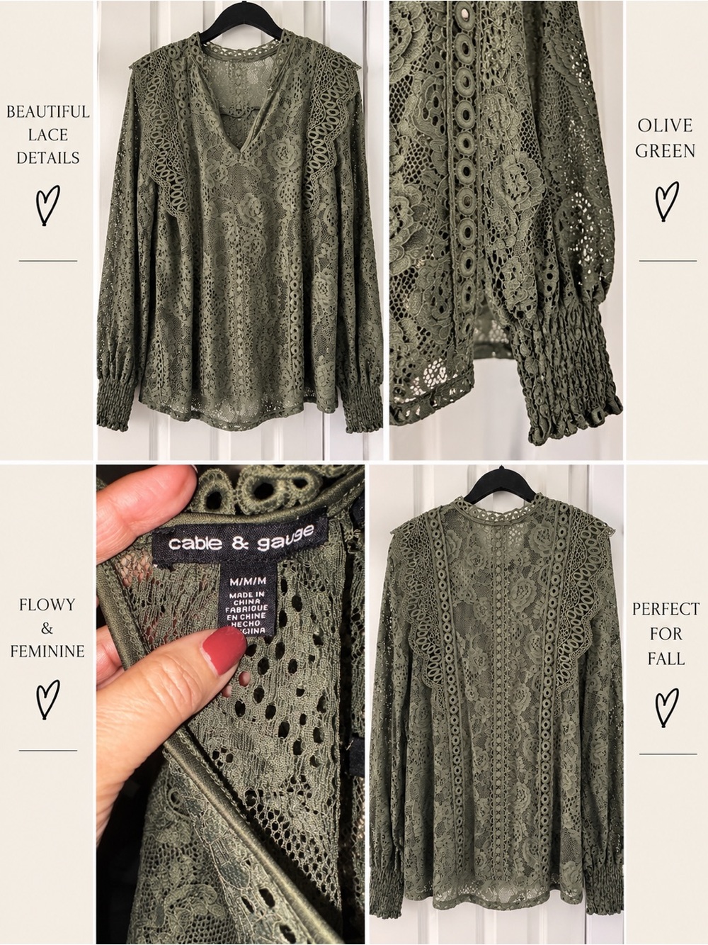 Cable & Gauge Olive Green Lace Crochet V-Neck Blouse
